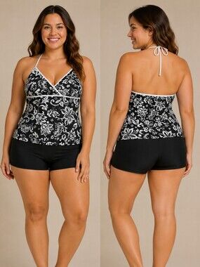 🌹Black & White Tankini Set w/White Floral Trim On Bottoms, Top 2X, Bottom 1x